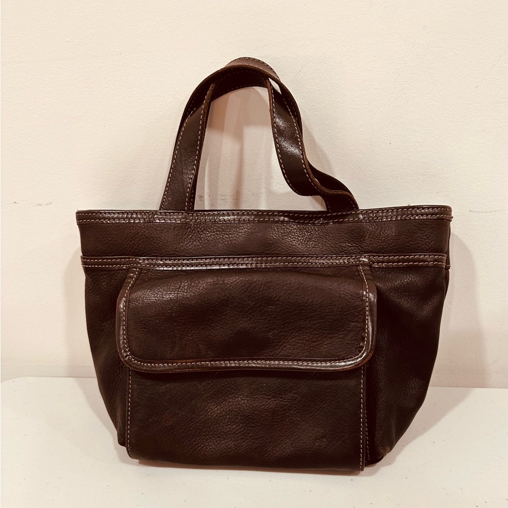 Authentic FOSSIL Vintage Blk Leather Satchel Handbag Front Around Organizer